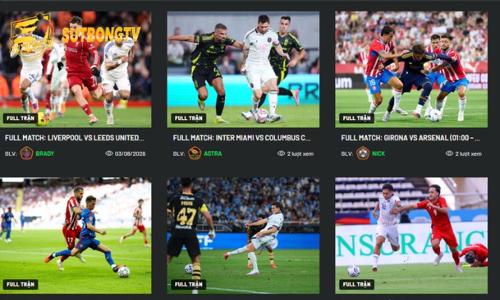 Giao diện SutbongTV trực quan, danh mục sắp xếp rõ ràng
